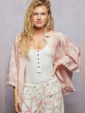 POL Embroidered Floral Scalloped Button Down Shacket